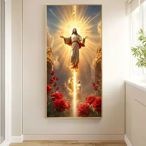 Jesus Ascension Wall Art, HD Canvas Print, Christian Religious Poster with Angels & Roses, Perfect for Easter, Eid Al-Adha, or Spiritual Home Decor