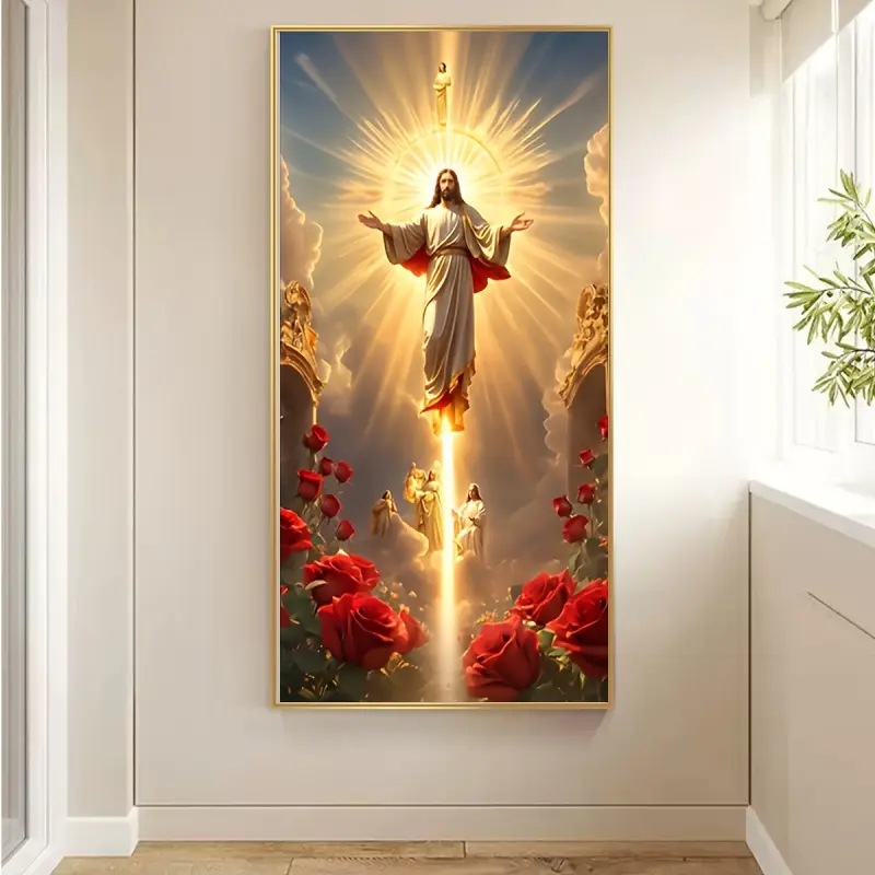Jesus Ascension Wall Art, HD Canvas Print, Christian Religious Poster with Angels & Roses, Perfect for Easter, Eid Al-Adha, or Spiritual Home Decor