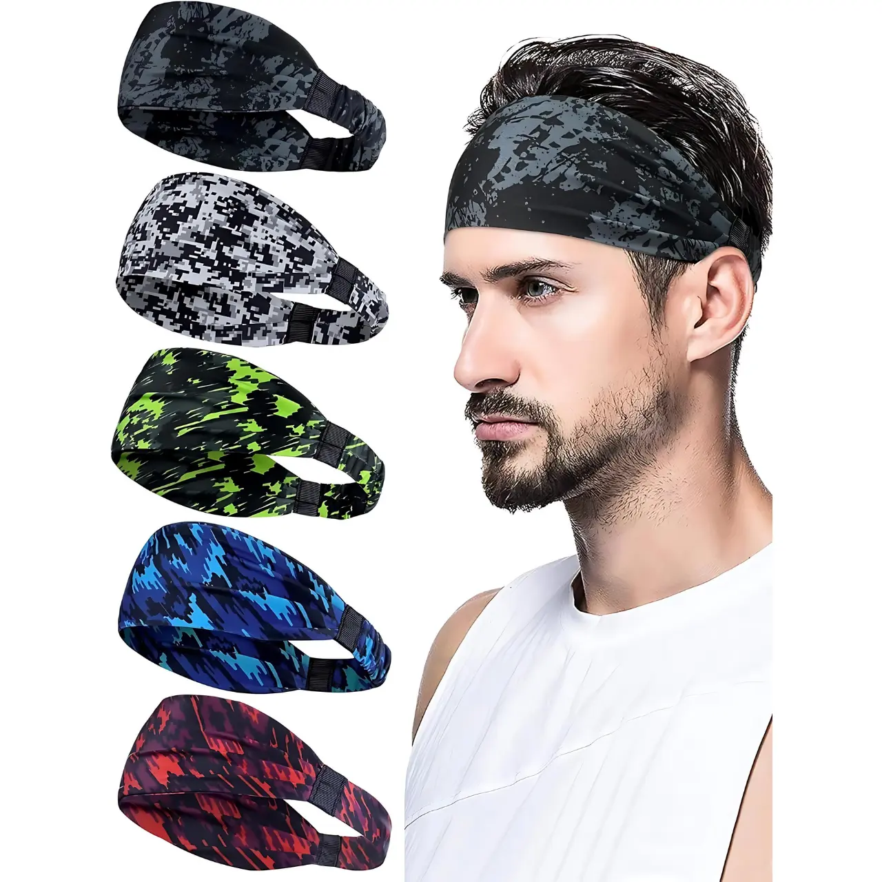 5 Pack Sports Headbands for Men Sweat Absorbent Stretchy Hair Bands Workout Running Cycling Fitness Football