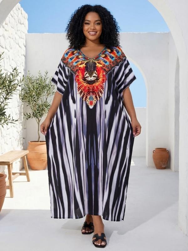 EDOLYNSA kaftans for woman oversized Moo Moo Dress printing Beach Holiday Dress beach wear vacation lounge around cover up party casual outfits muumuu caftan Comfy Homewear versatile Robe Q1469
