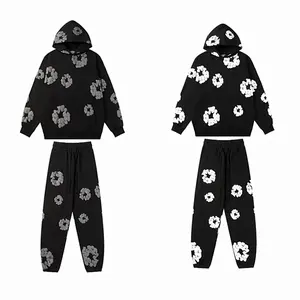 Denim Tears Young Women's & Men's Y2K Street Fashion Hoodie & Foam Print Trousers 2-Piece Set Cotton Casual Sport Outdoor Unisex Clothing Suits Top Gamis Trouser