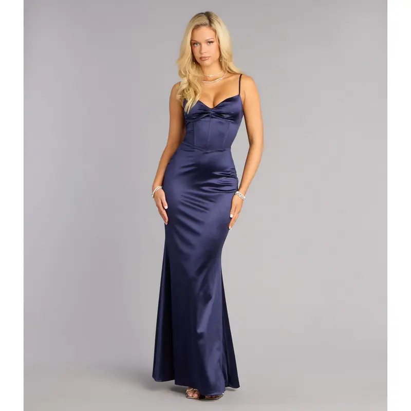 melinda formal satin lace up mermaid dress Melinda V-Neck Slit Mermaid Glitter Formal Dress main image 0