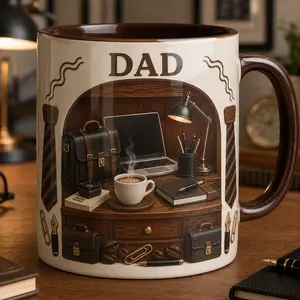 Personalized Dad Office Mug, 2D Printed 3D Effect Ceramic Coffee Cup, Vintage Desk Laptop Coffee Briefcase Design, Custom Name Gift for Dad, Father, Grandpa, Husband, Birthday, Father’s Day, Christmas Gift