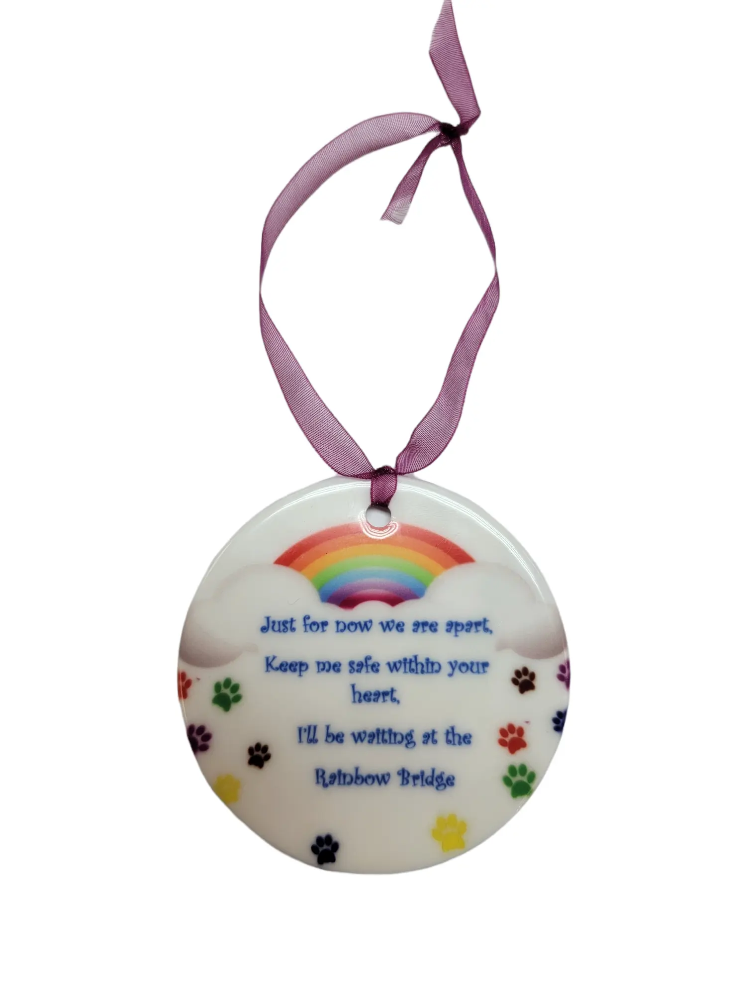 Rainbow Bridge Customized Personalized Pet Memorial Ceramic Ornament - 3 Inches in Diameter Home Festive Decoration with Gift Box, Comes With A Matching Ribbon