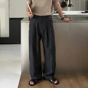 High-end Thin Light Mature Linen Blend Double Pleated Half Elastic Waist Straight-leg Casual Pants for Men