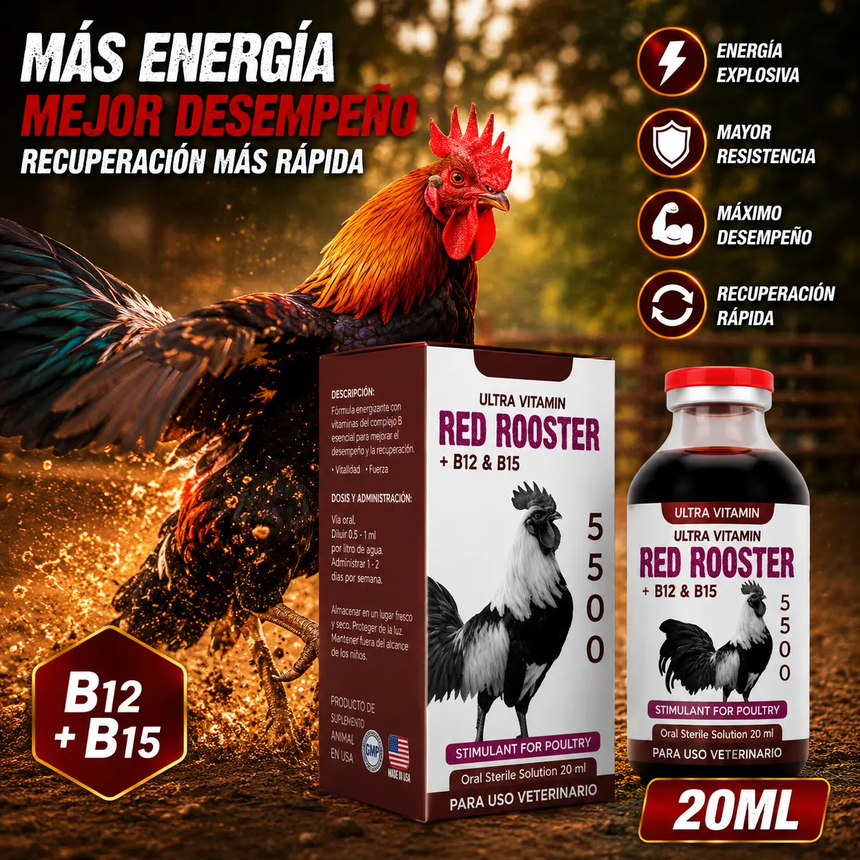 20 mL Vitamin B12 Liquid Supplement for Roosters, Daily Nutritional Formula