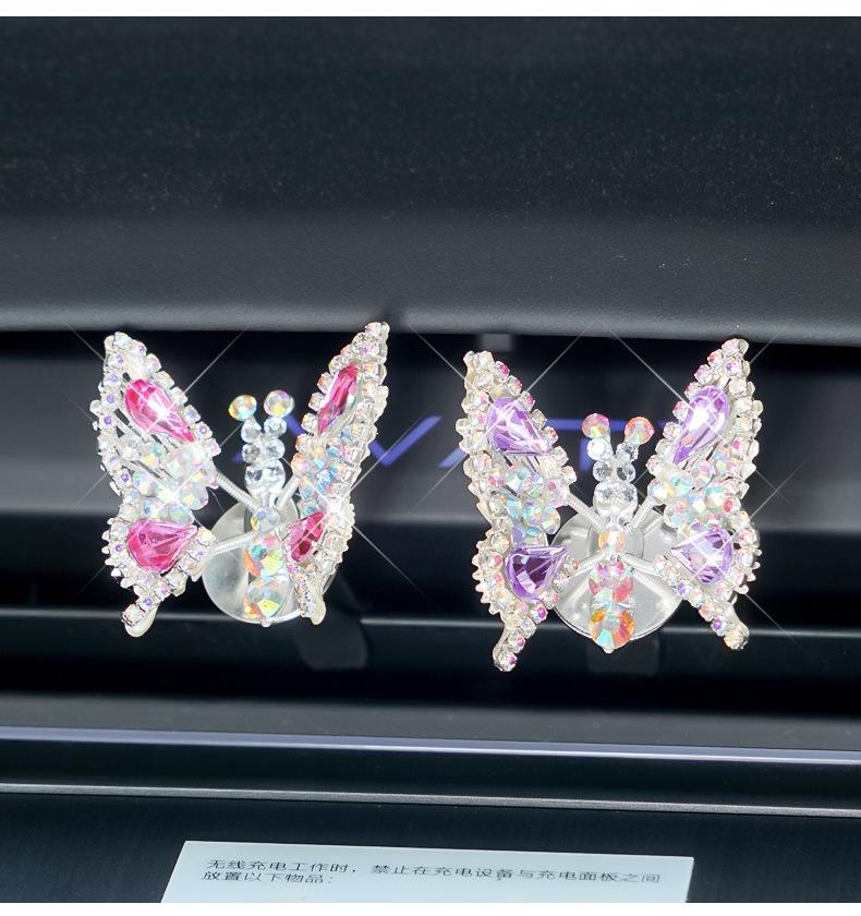 Dynamic Rhinestone Butterfly Car Decor Set, Bling Auto Dashboard Ornament & Air Vent Clip, Cute Car Interior Accessories for Women