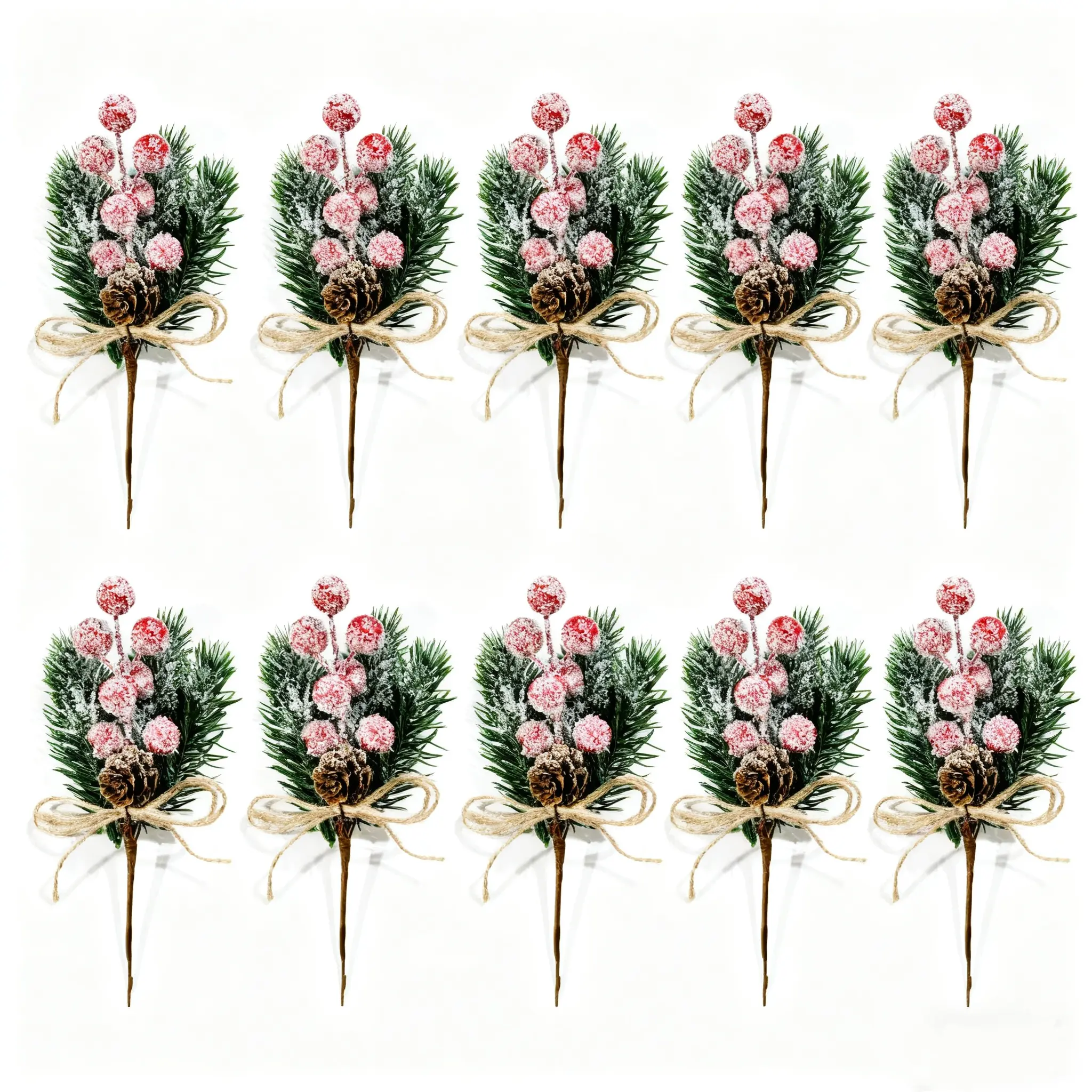Christmas Artificial Pine Bunches Set, 10 Pieces Winter Desktop Decorations, Includes Cones, Berries, Frosted Pine Needles, Snowflakes, Decorative Flowers Ornaments