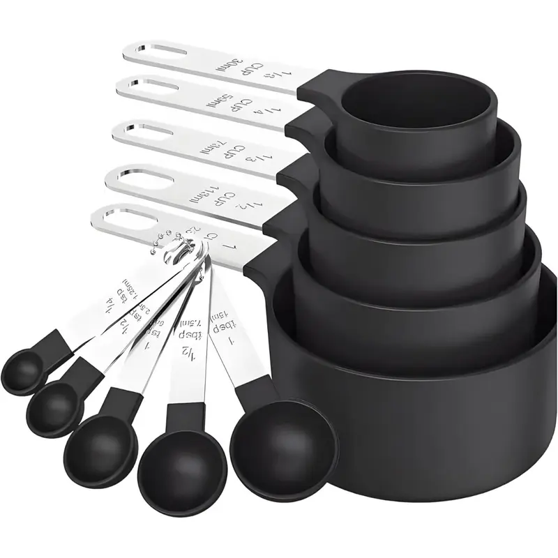 Measuring Cups & Spoons Set, Stackable Cups and Spoons, Nesting Measure Cups with Stainless Steel Handle, Kitchen Gadgets for Cooking & Baking (Black)