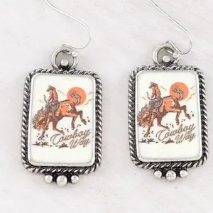 Vintage Cowboy Way Tangled Earrings with Cowboy and Horse Design on White Background