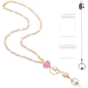 Wooden Beaded Lanyard for Women, ID Badge Holder for Teacher, Retractable Breakaway