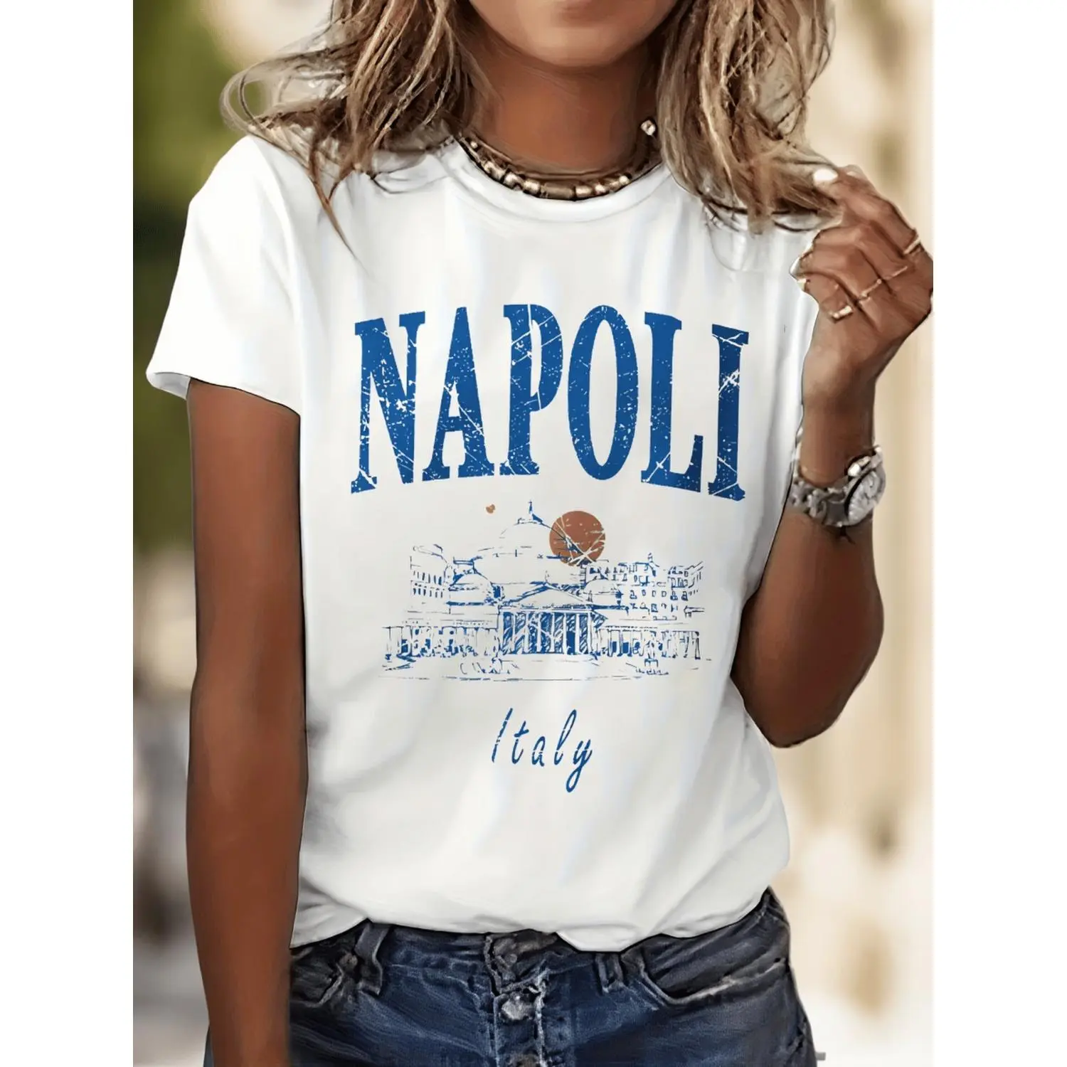 Women's Naples Italy Cityscape Graphic T-Shirt, Short-Sleeve Round-Neck Casual Clothes, Ideal for Spring and Summer