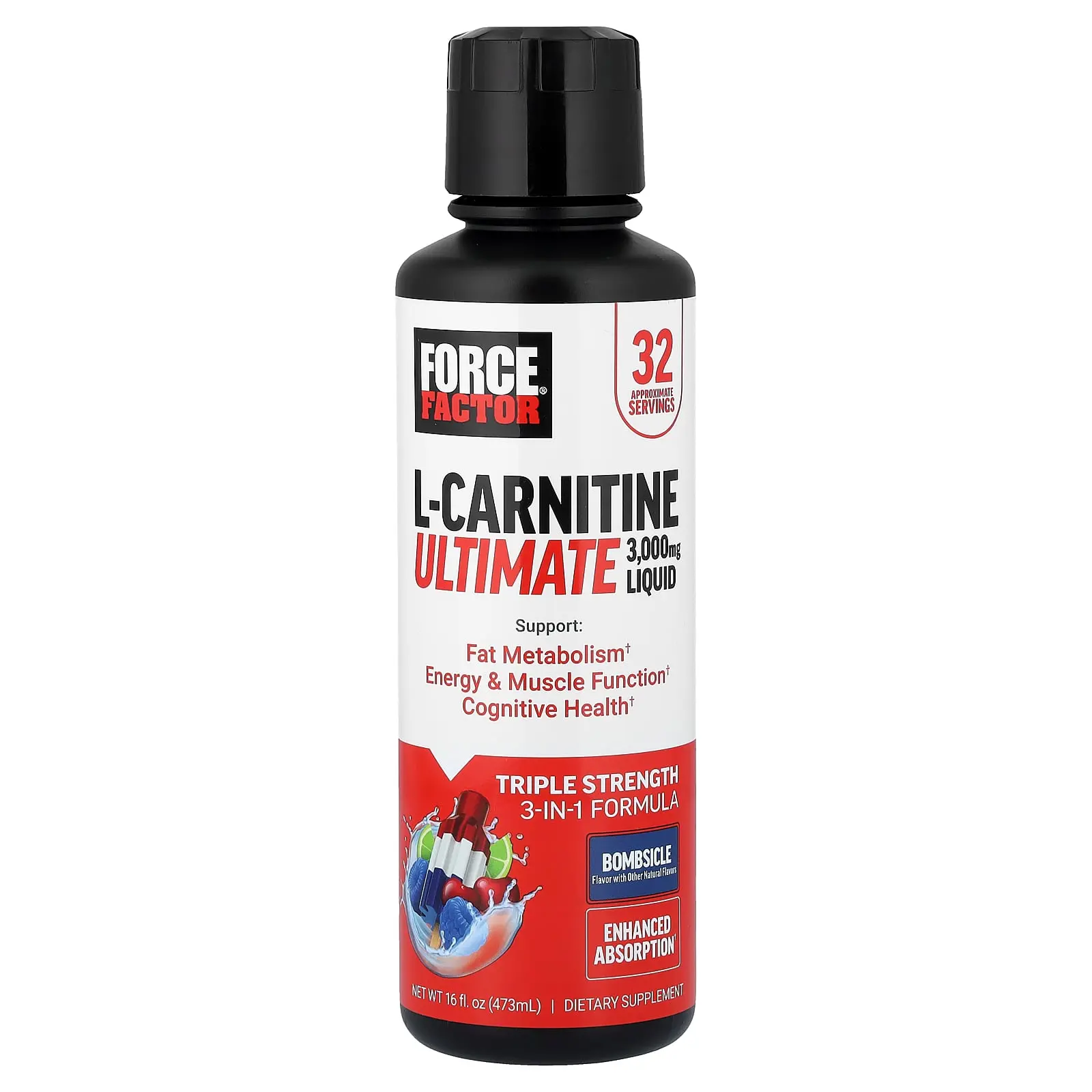 Force Factor L-Carnitine Ultimate Liquid, Bombsicle, 16 fl oz (473 ml)