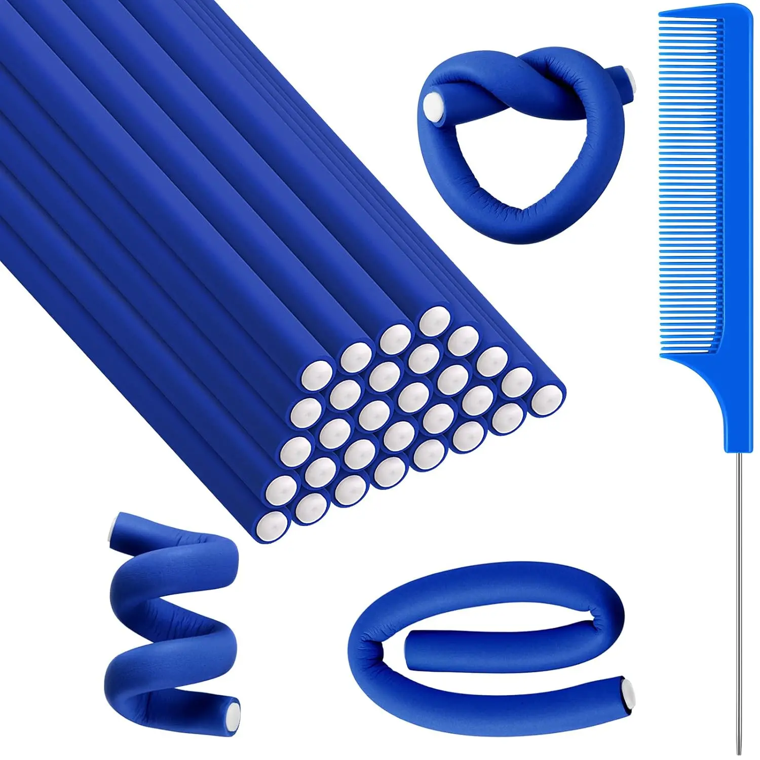 30 Pcs 7'' Flexible Curling Rods Twist Foam Hair Rollers Soft Foam No Heat Hair Rods Rollers and 1 Steel Pintail Comb Rat Tail Comb for Women Long Short Hair(Pink,7 x 0.55 Inch)