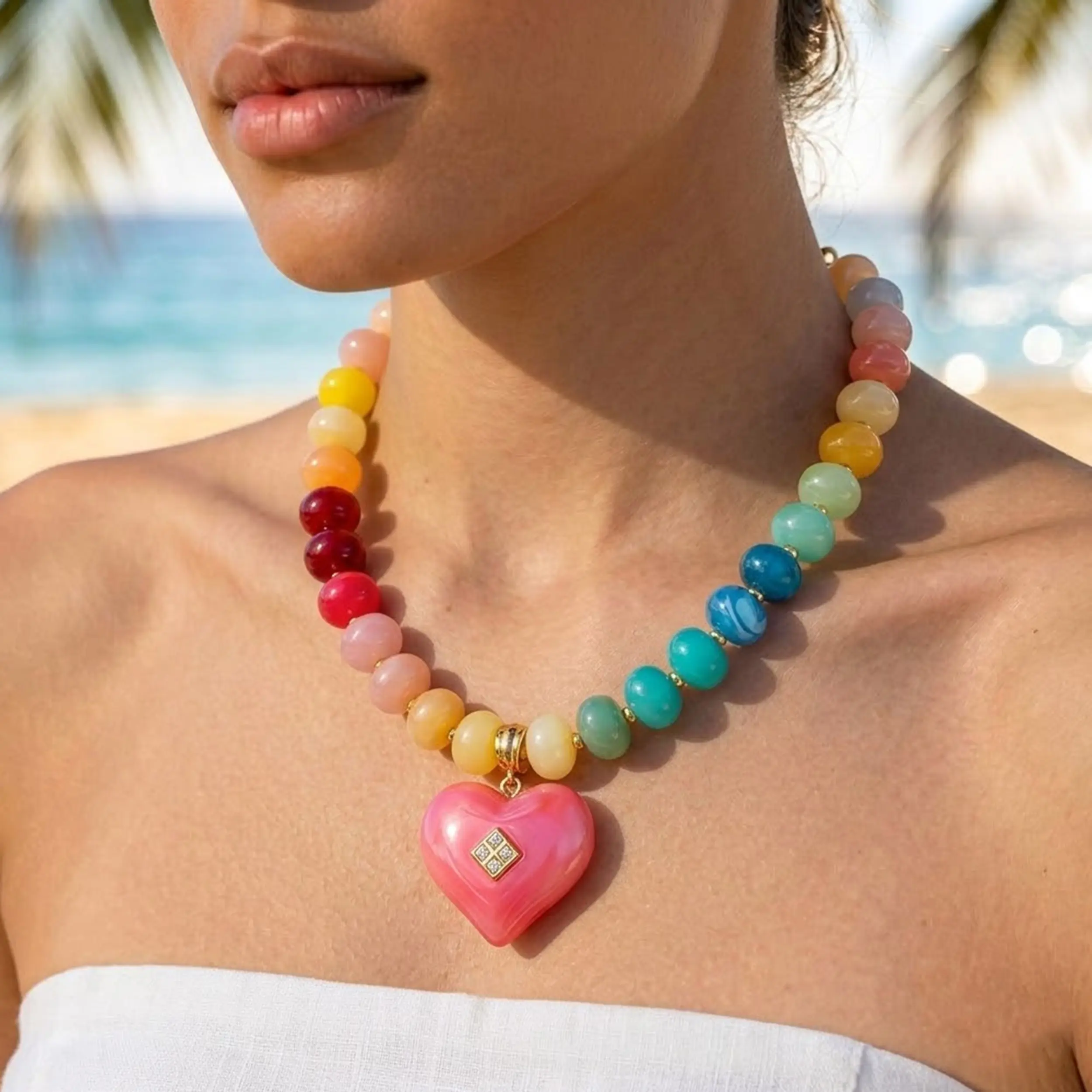Chunky Heart Necklace for Women, Colorful Acrylic Beaded Statement Puff Heart Necklace, Cute Boho Choker Necklace for Gift Jewelry