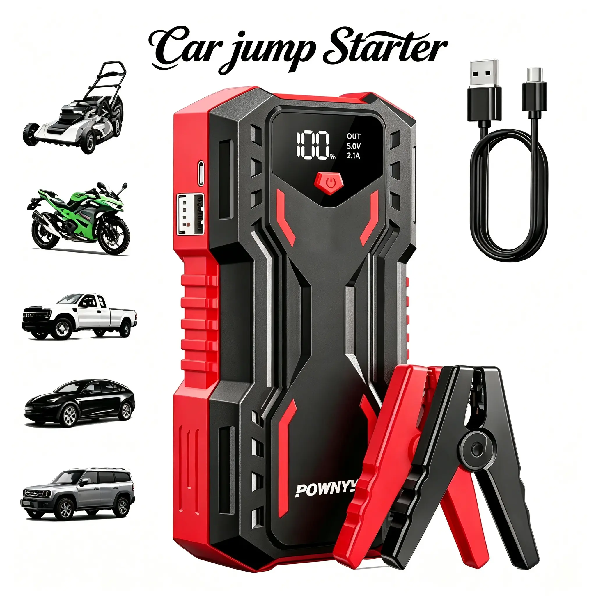 6000A current peak Battery Jump Starter  Peak Car Battery Charger with Power Management IC Power Indicator Built-in LCD Display Automotive Batter