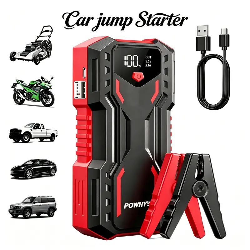 POWNYM 2-in-1 Car Jump Starter, 8000mAh Battery Charger with Power Management IC, Power Indicator, Built-in LCD Status Readout, 3 Modes Lighting, Tool Upgrade for diesel/gas vehicle/Motorcycles, Lead emergency