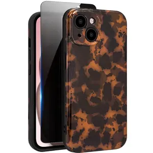 Cute Phone Case for iPhone 15 Case, [with 1X Privacy Screen Protector] Tortoise Shell Pattern Leopard Full Camera Protective Slim Shockproof Cool Trendy Aesthetic