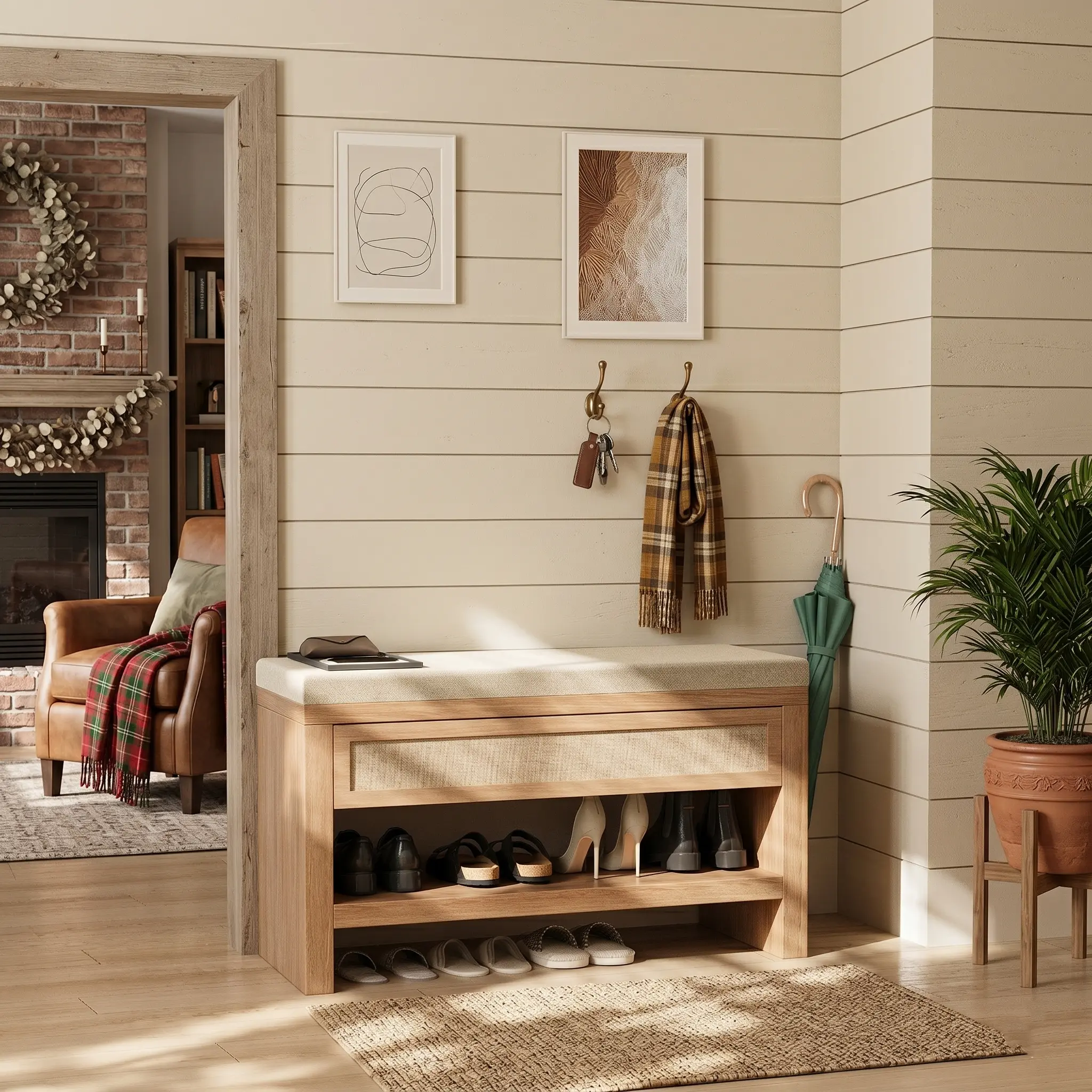 32” Shoe Bench with Storage Drawer, Farmhouse Entryway Bench with Linen Seat Cushion & Shelf, Wooden Shoe Rack Organizer for Hallway, Living Room, Bedroom