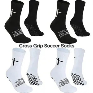 2 Pairs Cross Grip Soccer Socks for US 6-13 - Anti-Slip Christian Socks with Bible Verse