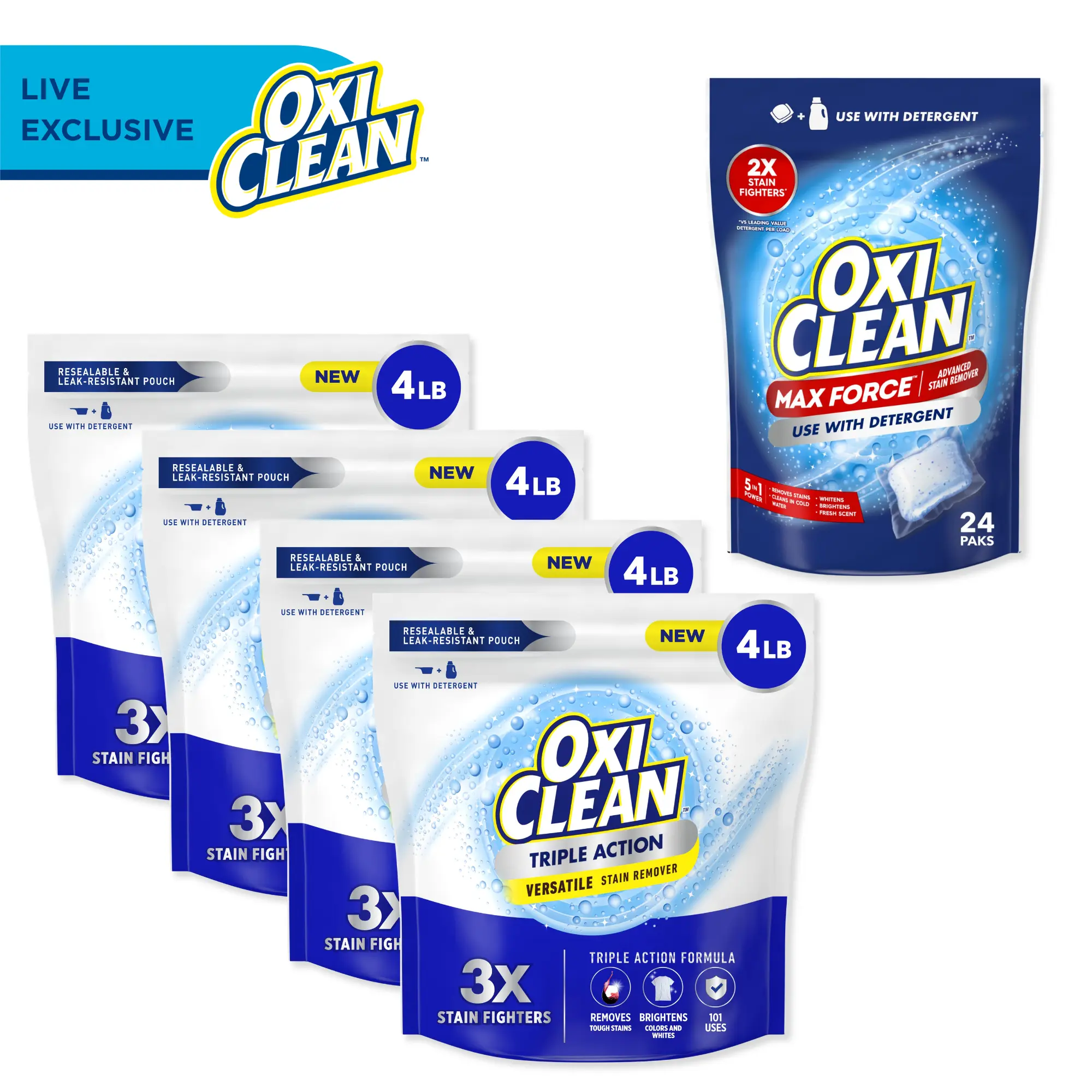 OxiClean LIVE Triple Action Versatile Stain Remover Laundry Powder, 4lb + Max Force Power Paks 24ct