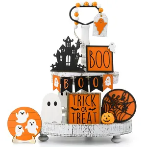 Halloween Layered Tray Decor Set, Cute Ghost Design, Wooden Farmhouse Rustic Style, Perfect for Home Table & Party Supplies ()