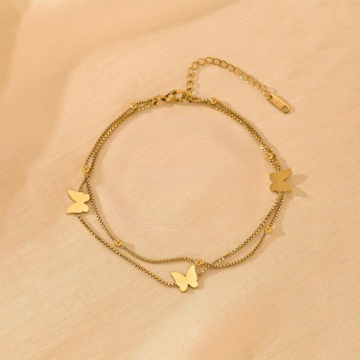 Gold-Plated Layered Butterfly Anklet for Women, Elegant Beaded Stainless Steel Ankle Chain, Beach & Wedding Costume Jewelry, Jewelry Accessory