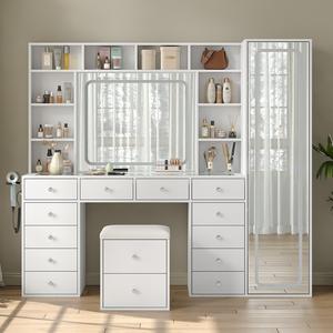 [Shipping by 3 Packages] FUSOU 2-in-1 Vanity Desk Full Length Mirror & LED Mirror with Power Outlet, Makeup Vanity 14 Drawers & 10 Shelves, Hidden Storage Capacity, Dimmable & 3 Color Lighting Dressing Table for Bedroom, White,Shipping by 3 Packages