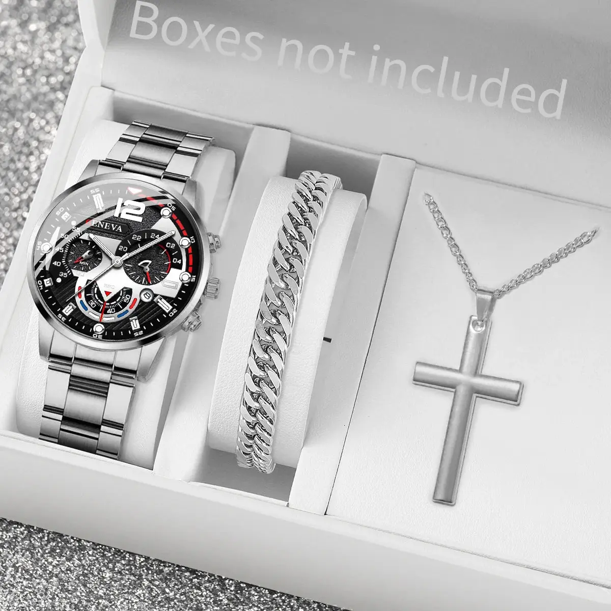Yolako Men's 3-Piece Casual Quartz Analog Fashion Watch Set - Stainless Steel, Numberless Dial, 42mm Watch with Necklace & Bracelet, Analog Quartz, Jewelry Watch Set