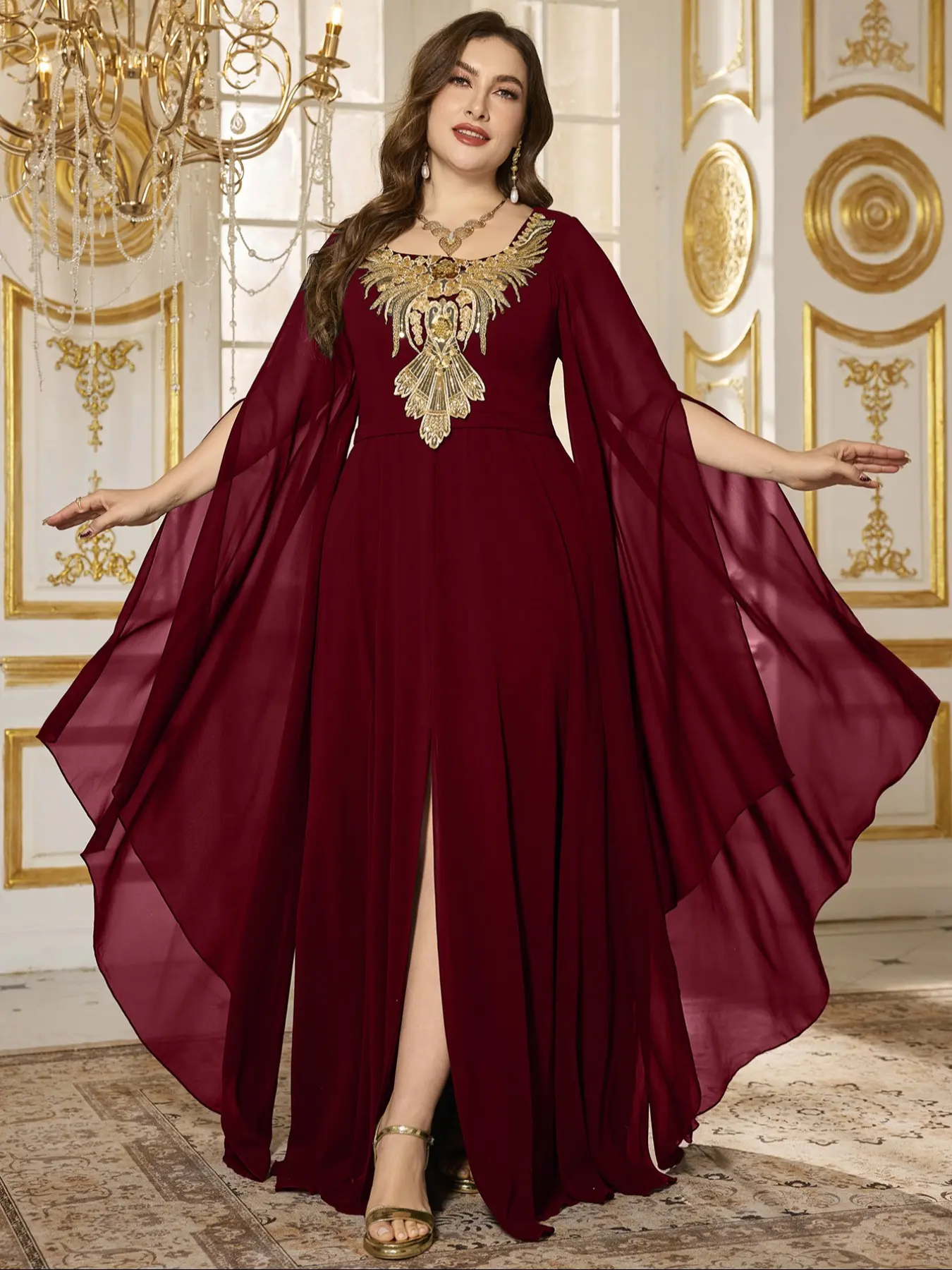 Elegant Square Neck Long Draped Sleeve Gold Beaded Maxi Dress, Pure Color Chiffon Waist Cinching A-Line Gown for Evening Parties