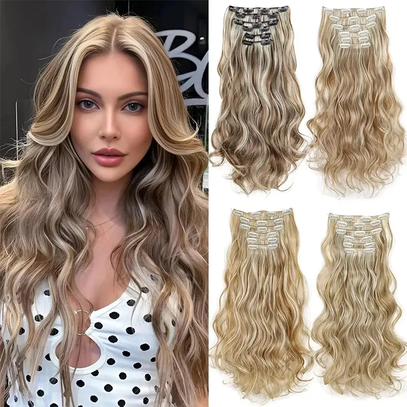 New Synthetic 24Inch 16Clips Long Curly Hair Extension Heat Resistant Hair Extension Clips In  Black Brown Blond Women