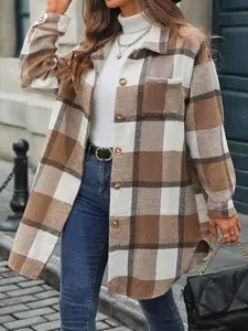Plus Size Women's Plaid Long Sleeve Button Front Pocket Coat, Casual Loose Fit Shoulder Duster Jacket for Fall Winter Fashion