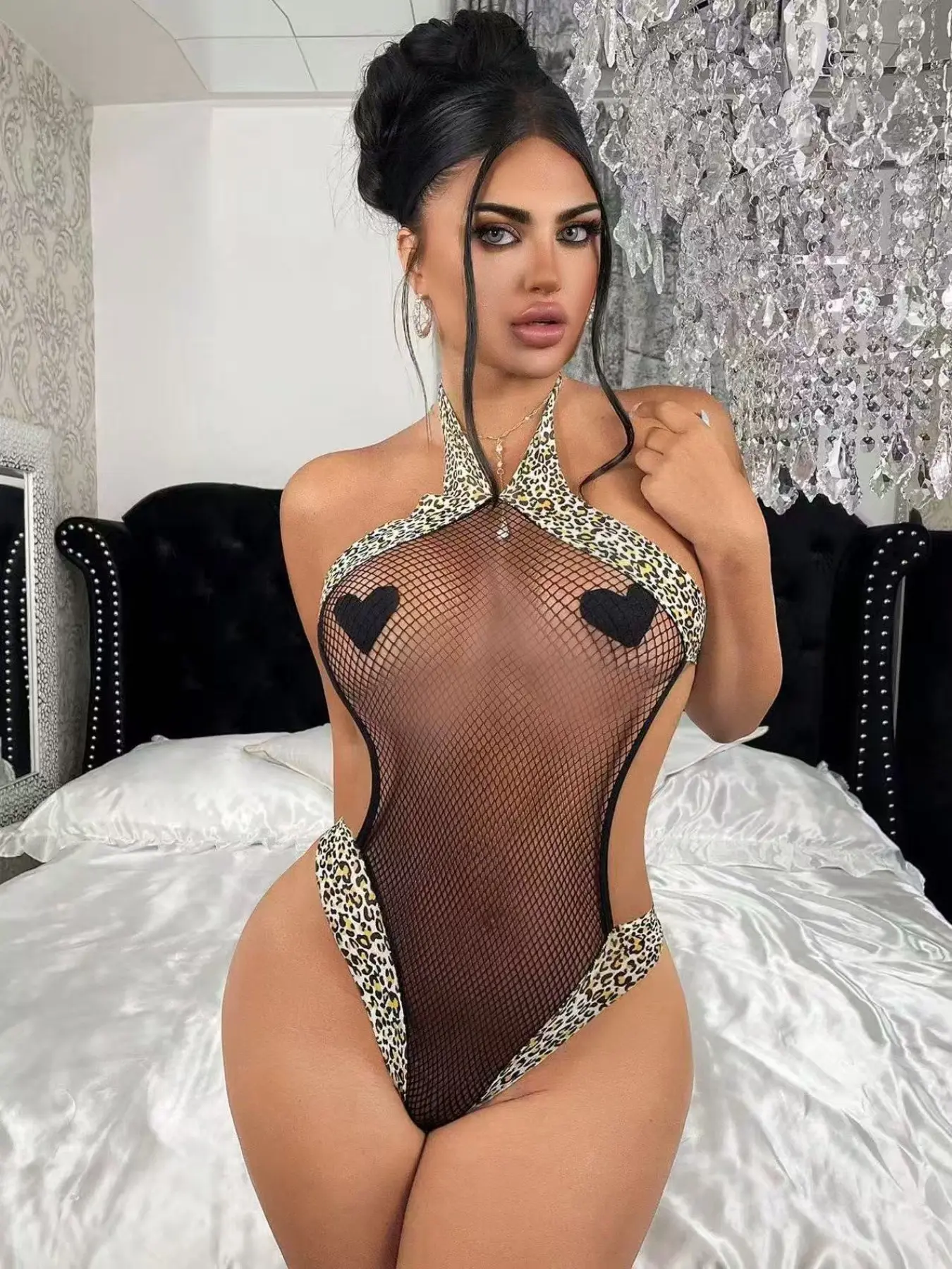 Women's Sexy Halter Bodysuit, Stretchy Lingerie, High-Stretch Leopard Print & Fishnet Design, Ideal for Gifting, Parties, Nightclub Wear, Fits 40-75 Kg