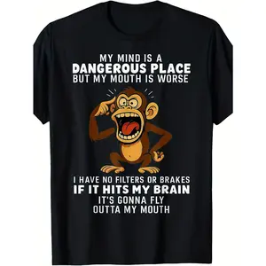 Men'S Funny Monkey Graphic T-Shirt |   180g 100% with "My Mind Is a Dangerous Place" Slogan, Casual Short Sleeve, Perfect for Parties and Holidays, Crew Neck, Slight Stretch Fabric