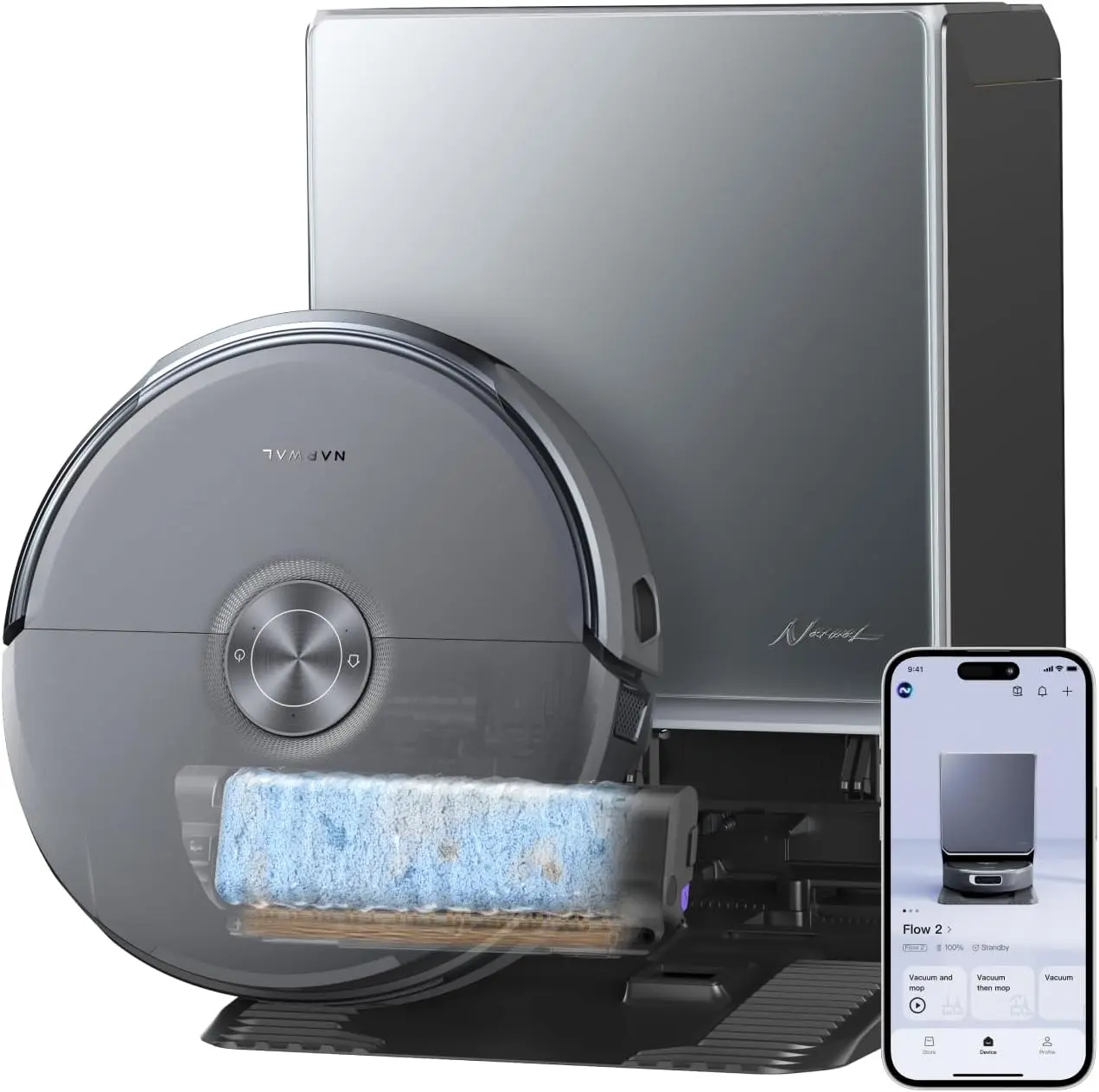 NARWAL Flow 2 Robot Vacuum and Mop Combo, 31,000Pa Suction, FlowWash Self-Cleaning Mop, AI Object Recognition, Self-Emptying & Refilling, 212℉ Hot Water Mop Washing & Drying, Tangle-Free Design