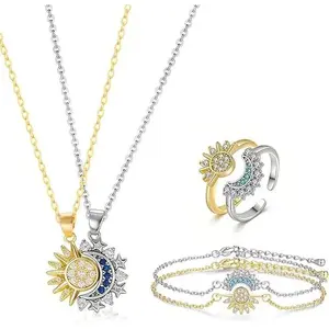 Sun Moon Matching Jewelry Set for Couples Adjustable Matching Sun and Moon Magnetic Necklace Magnetic Bracelet Ring Set Couple Jewelry Gifts for Him and Her, Party, Love & Back to School