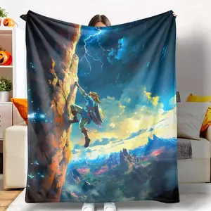 Hero's Climb Flannel Blanket Zelda's Adventure Scenic Print Lightweight Warm Soft Cozy for Home Decor Travel Outdoor Gaming Room Breathable All Seasons Gift