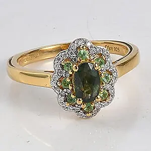D'Joy Premium Malawi Green Sapphire, Multi Gemstone Royal Blossom Ring in 18K Vermeil YG Over Sterling Silver (Size 10.0) 1.00 ctw
