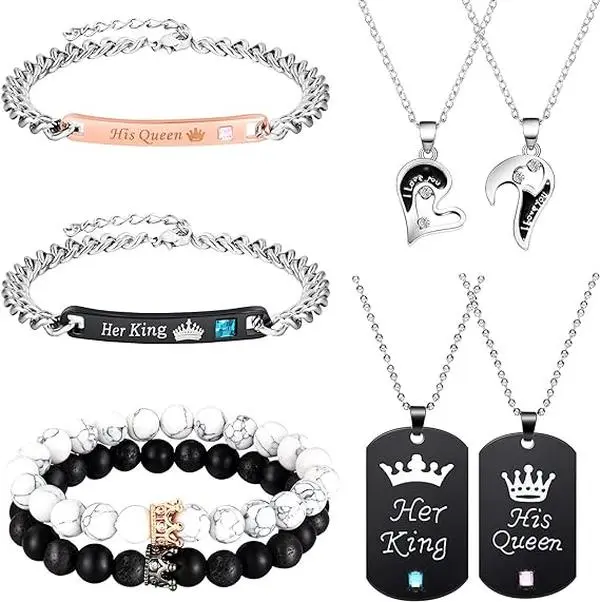 8 Pieces Couples Necklace Bracelet Matching Bracelets Set for Women Men, Her King His Queen I Love You Heart Crown