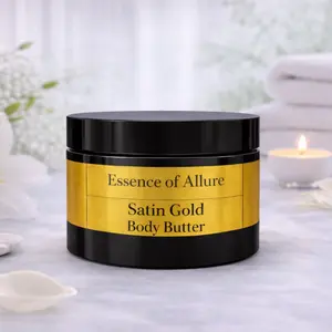 Nourishing Satin Gold Body Butter by Essence of Allure has a powerful vanilla and Amber is creamy and moisturizing Body Care Comfort