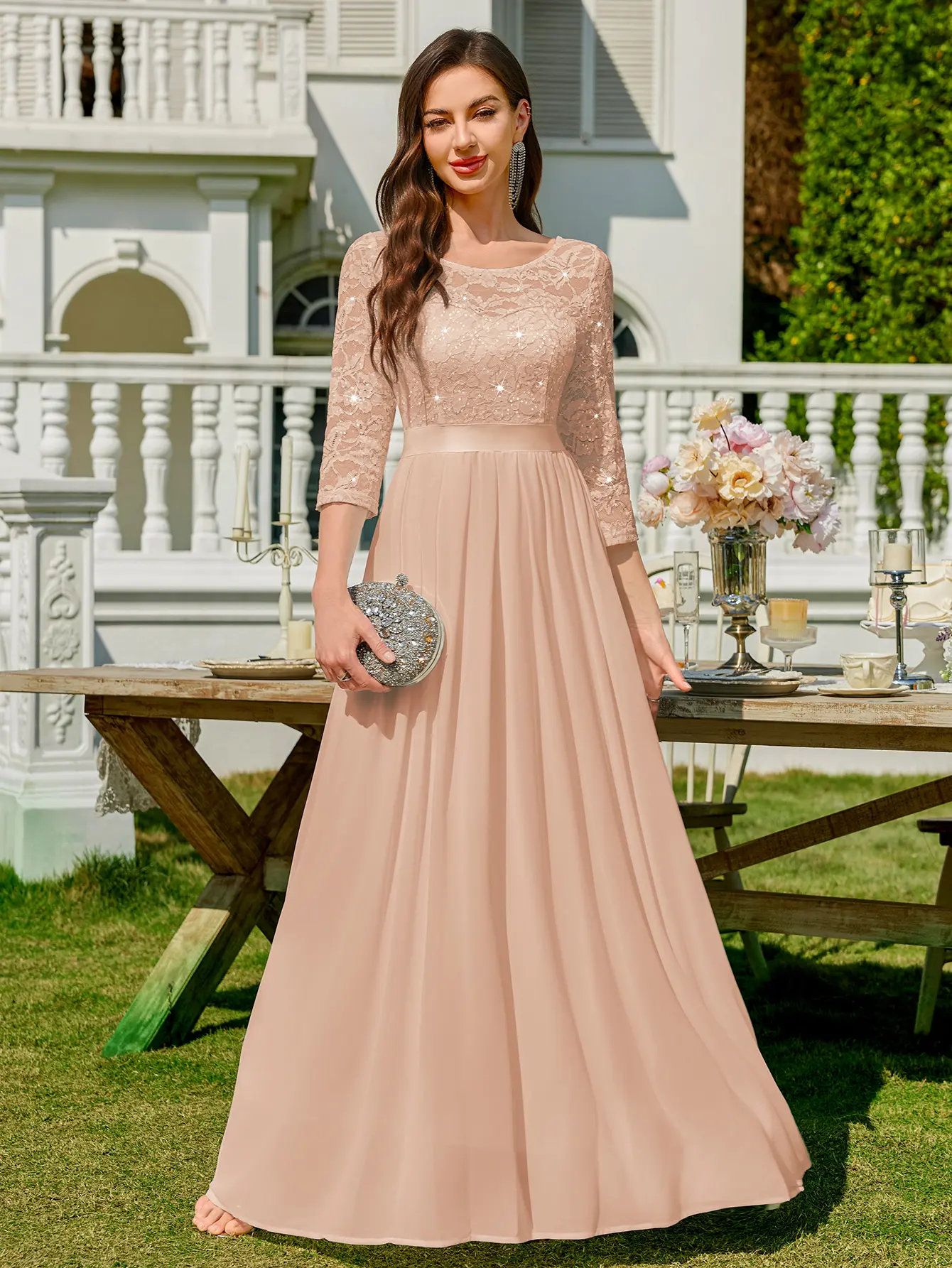Miusol Women's Sparkly Formal Party Maxi Dress - 3/4 Sleeve, Elegant Sequin Floral Lace, Pleated Hem, Miusol Women's Sparkly Formal Party Maxi Dress - 3/4 Sleeve, Elegant Sequin Floral Lace, Pleated Hem,