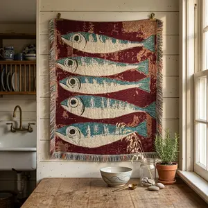 Coastal Sardines Blanket – Woven Fish Throw, Beach House Picnic Blanket, Mid Century Aesthetic Home Decor Gift