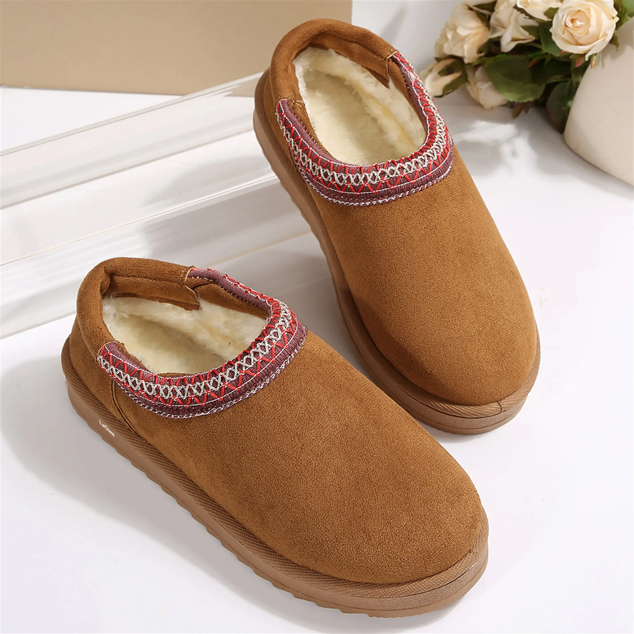Women's Warm Suede Slip-On Slippers Fleece Lined Mini Snow Boots Winter Indoor Outdoor Shoes