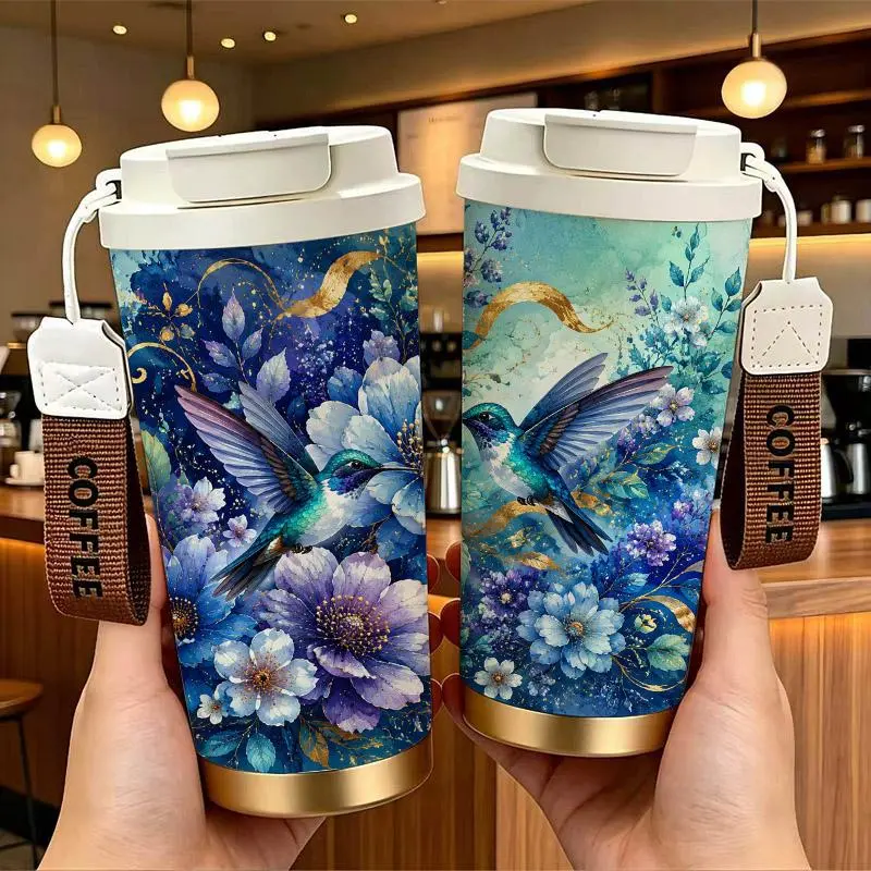 Blue Hummingbird & Floral Pattern Double-Wall Stainless Steel Insulated Mug - Double Drink Design, Easy Filling and Cleaning, Heat Resistant, Portable Travel Tumbler with Coffee Wrist Strap, Reusable Vacuum Flask, Gift Idea for Birthdays, Holidays, Iced T