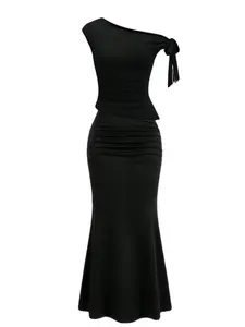 Elegant Women's Summer, Asymmetrical Twist Knot Top & High Waist Mermaid Skirt Set, Sexy Slim Fit Bodycon Two-Piece Dress