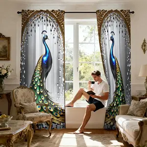 2pcs Peacock Pattern Curtains with 3D Digital Print, Sheer Polyester Rod Pocket Window Curtain for Bedroom & Living Room Decor, Home Decoration Curtain, Window Decorations Supplies, and Modern Style
