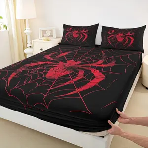 Spider Fitted Sheet,Red Spider Web Print Bedding Set,Gothic Arachnid Animals Halloween Theme Black Bed Cover,Kids Boys Girls Room Decor,Soft Bedding(No Flat),summervibes