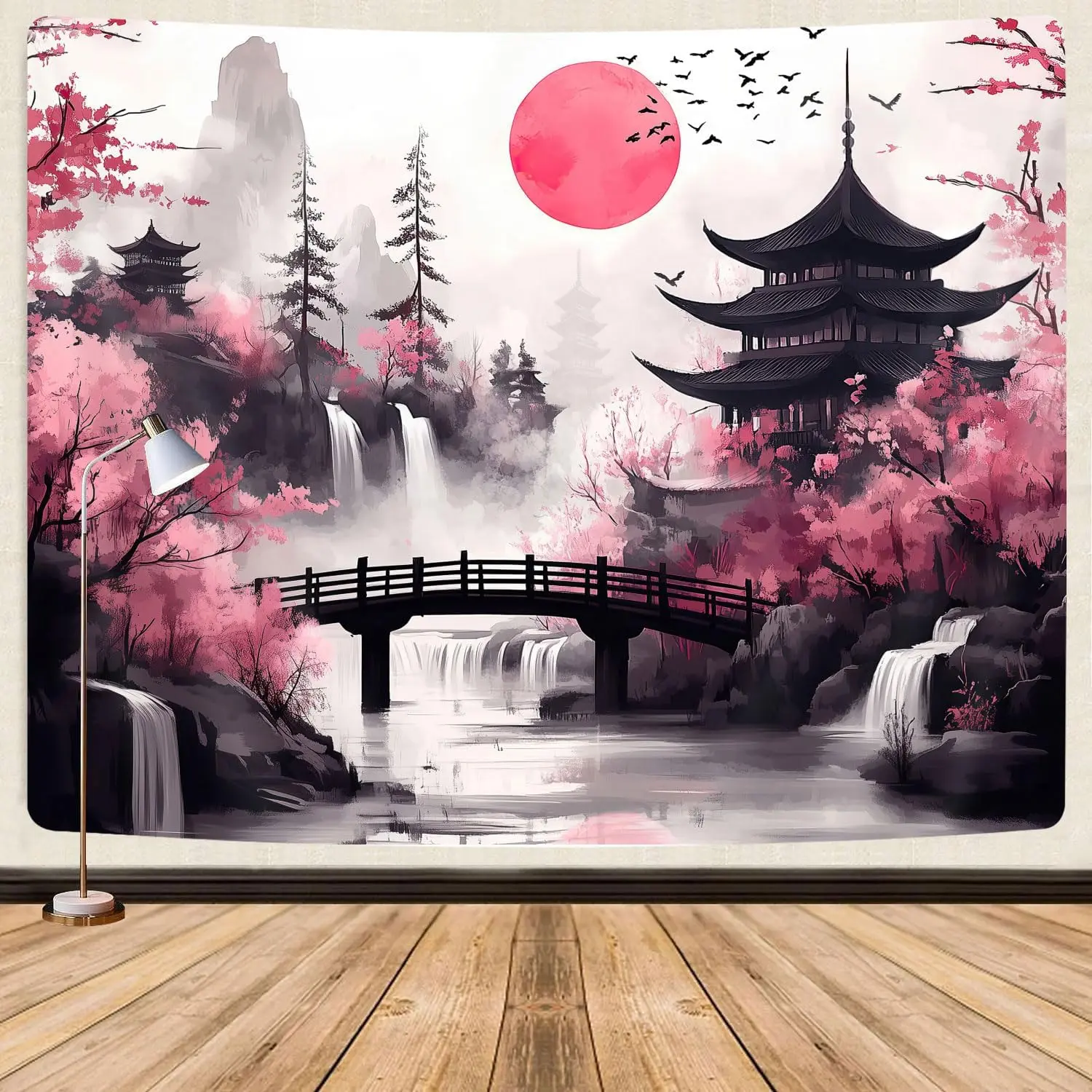 Anime tapestry, Cool Japan Cherry Blossom Floral Mountain Waterfall Sun Asian Oriental Abstract Ink Art tapestry, Black Pink Nature Landscape Tapestries for Living Room College Dorm, 80X60IN
