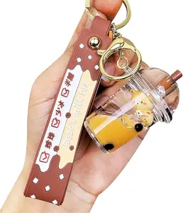 Creative Interesting Floating Milk Tea Brown Bear Lucky Bottle Keychain Keyrings