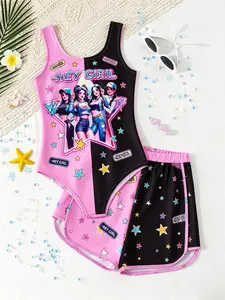 Girls' 3-Piece Swim Set, Trendy Cartoon Print One-Piece Swimsuit + Sun Protection Shorts, Star Design, Beach Vacation